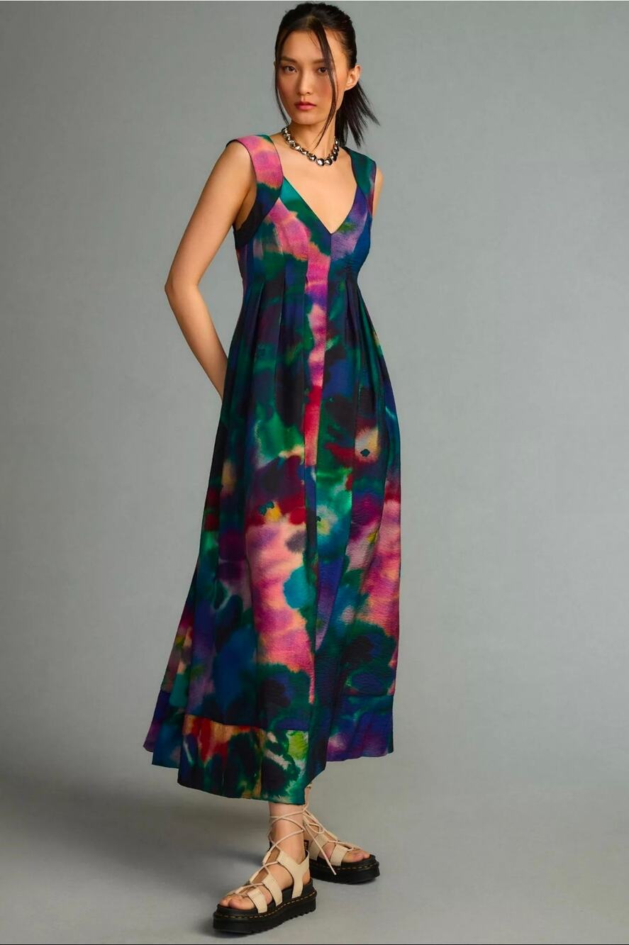 Anthropologie Printed V-Neck Pleated A-Line Maxi Dress. Size S. Ret. $180